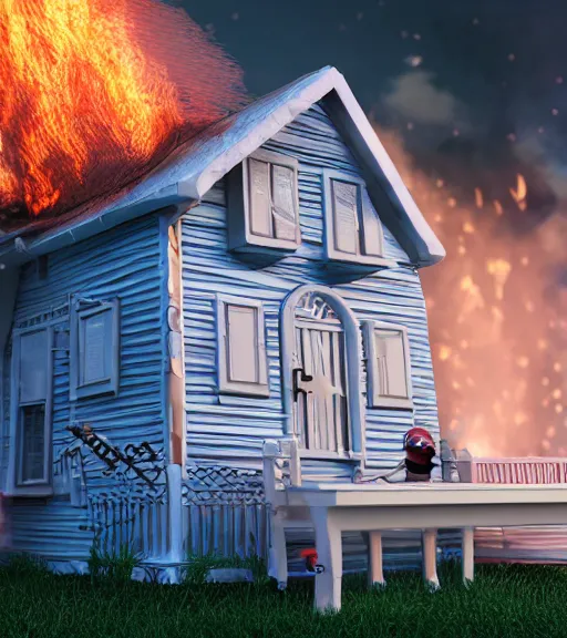 Prompt: melting, plastic house, on fire, cinematic lighting, highly detailed 8 k