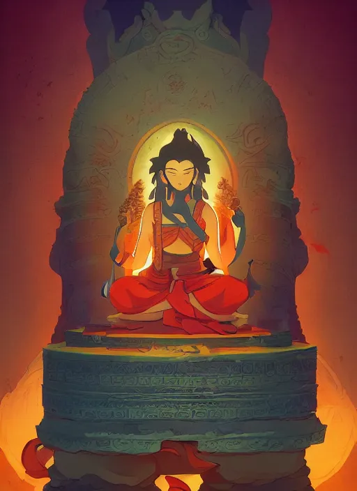 Prompt: Ancient Tibetan Book on an altar, in the Style of Artgerm and Charlie Bowater and Atey Ghailan and Mike Mignola, vibrant colors and hard shadows and strong rim light, Comic Cover Art, plain background, trending on artstation