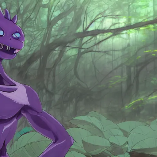 Image similar to concept art painting of an anthropomorphic purple gray anime reptile humanoid, in the deep forest, realistic, detailed, cel shaded, in the style of makoto shinkai and greg rutkowski and james gurney