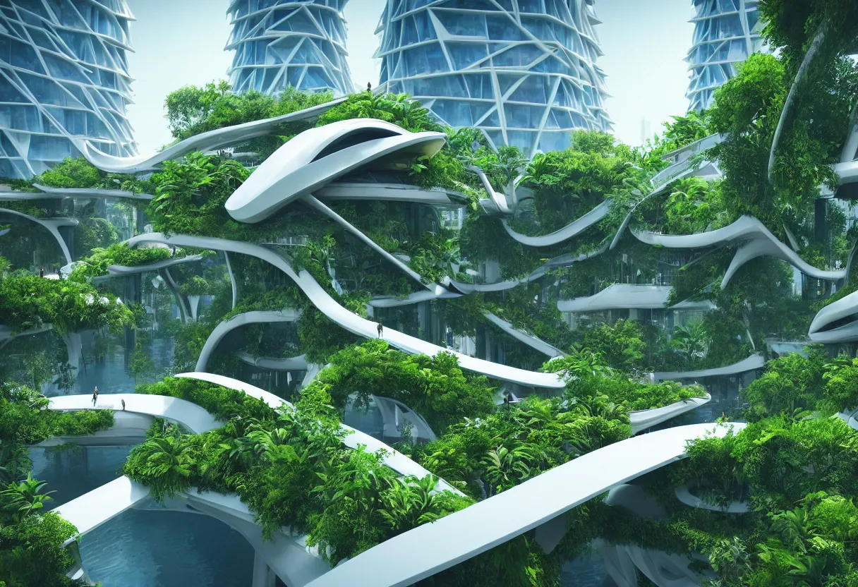 Image similar to futuristic architecture by zaha hadid, multi storey, connecting bridges, covered in lush foliage, surreal, ethereal bohemian garden, middle of gardens, cinematic shot, central square water feature, building inside the water, unreal engine, photorealistic, octane render