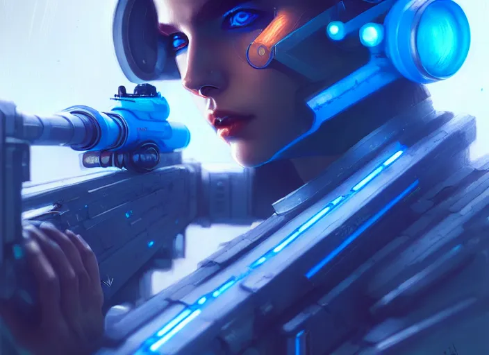 Image similar to a futuristic cyberpunk blue and white neon sniper, diffuse lighting, fantasy, highly detailed, photorealistic, digital painting, artstation, illustration, concept art, smooth, sharp focus, in the style of tom bagshaw