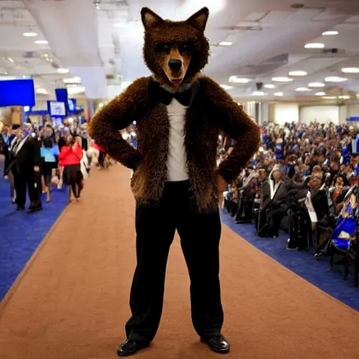 Prompt: brown wolf furry costume with a black presidential suit, convention photo, ultra detailed