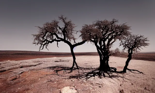 Prompt: medium shot of a nondescript crying ancient dried up Danu, peaceful, facing the camera and standing in front of a dried up river in a desolate land, dead trees, blue sky, hot and sunny, highly-detailed, elegant, dramatic lighting, artstation, 4k, cinematic landscape, photograph by Elisabeth Gadd, Zdzislaw Beksinski