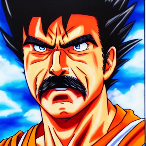 Image similar to ultra realistic portrait painting of tom selleck as goku, art by akira toriyama, 4 k, dragon ball artstyle, cel shaded, highly detailed, epic lighting