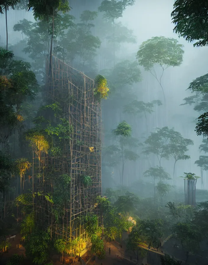 Image similar to a city of interlocking and weaving wooden structure towers intertwined and interconnected with a jungle rainforest, misty atmosphere hyper realistic octane render unreal engine
