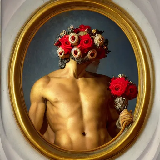 Prompt: man in the form of a greek baroque sculpture, eyes all over body, red blooming flowers, golden background, red white and gold color scheme