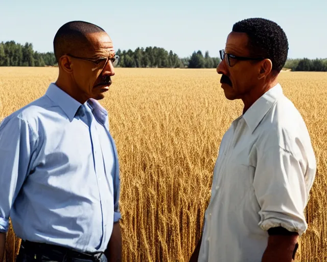 Prompt: extreme long shot of walter white and gustavo fring stand facing each other from a distance in a wheat field, side view, 3 5 mm photograph, 8 k resolution, wide shot, sharp lens