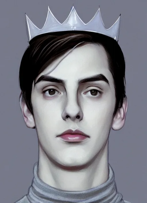 Image similar to portrait of teenage jughead jones wearing a light grey crown, crown, blue turtleneck, 1 9 5 0 s, closed eyes, photorealistic, black hair, glowing lighting, intricate, elegant, glowing lights, highly detailed, digital painting, artstation, concept art, smooth, sharp focus, illustration, art by wlop, mars ravelo and greg rutkowski