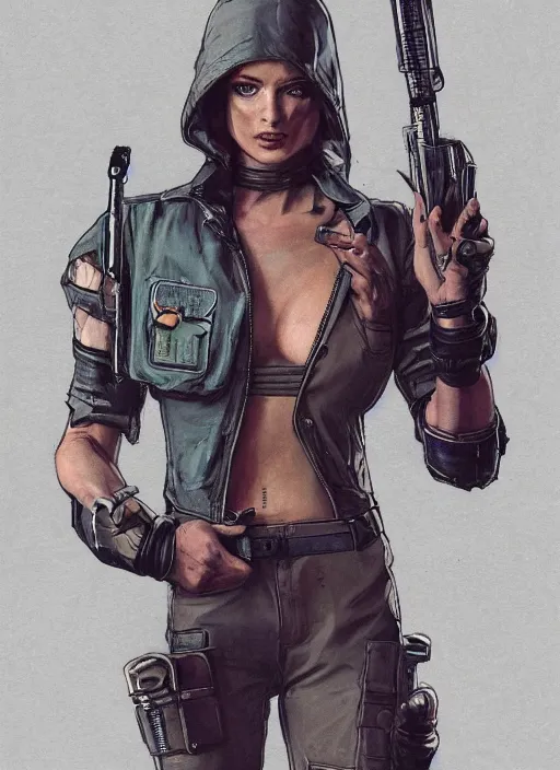 Image similar to menacing cyberpunk mercenary in military vest and jumpsuit. dystopian. portrait by stonehouse and mœbius and will eisner and gil elvgren and pixar. realistic proportions. cyberpunk 2 0 7 7, apex, blade runner 2 0 4 9 concept art. cel shading. attractive face. thick lines.