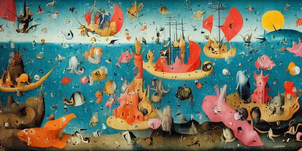 Image similar to a beautiful painting of an elaborate underwater scene by hieronymous bosch and lisa frank