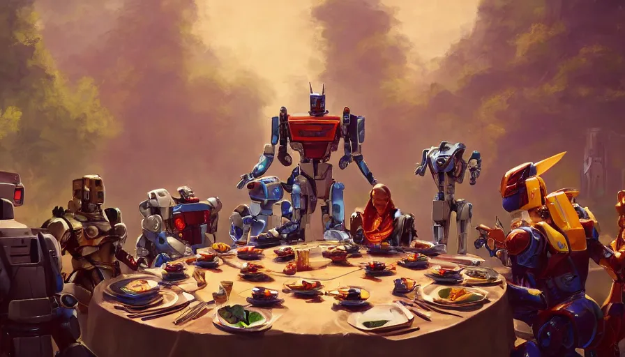 Image similar to a table dinner of transformers robots where robots are dressed like the characters from the midsommar movie, realistic detailed digital art by maxwell boas jessica rossier christian dimitrov anton fadeev trending on artstation cgsociety rendered in unreal engine 4 k hq