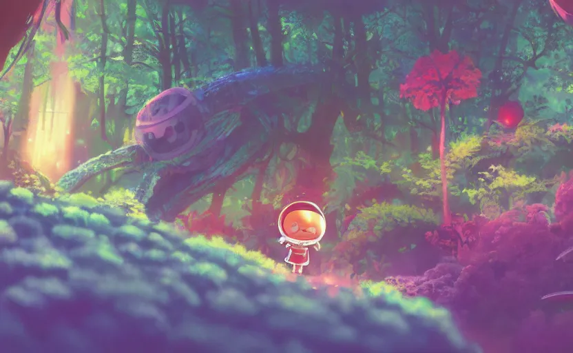 Image similar to a still of a cute adorable tiny astronaut, on a planet of lush colorful foliage surrounded by kaiju monsters, magical forest, sharp focus, neon backlit, highly detailed, disney pixar studio ghibli makoto shinkai, digital painting, matte, octane render, cinematic volumetric lighting, global illumination, iridescent, anime, 8 k concept art