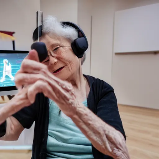 Image similar to very old woman with vive trackers and vr headset recording mocap