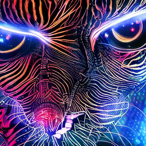 Prompt: eye of a cybernetic tiger, futuristic, cyberpunk, digital illustration, photo - realistic, macro, extremely detailed, vivid, neon, dramatic lighting, intricate details