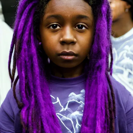 Image similar to a boy with purple dread hair, in trap show, close up