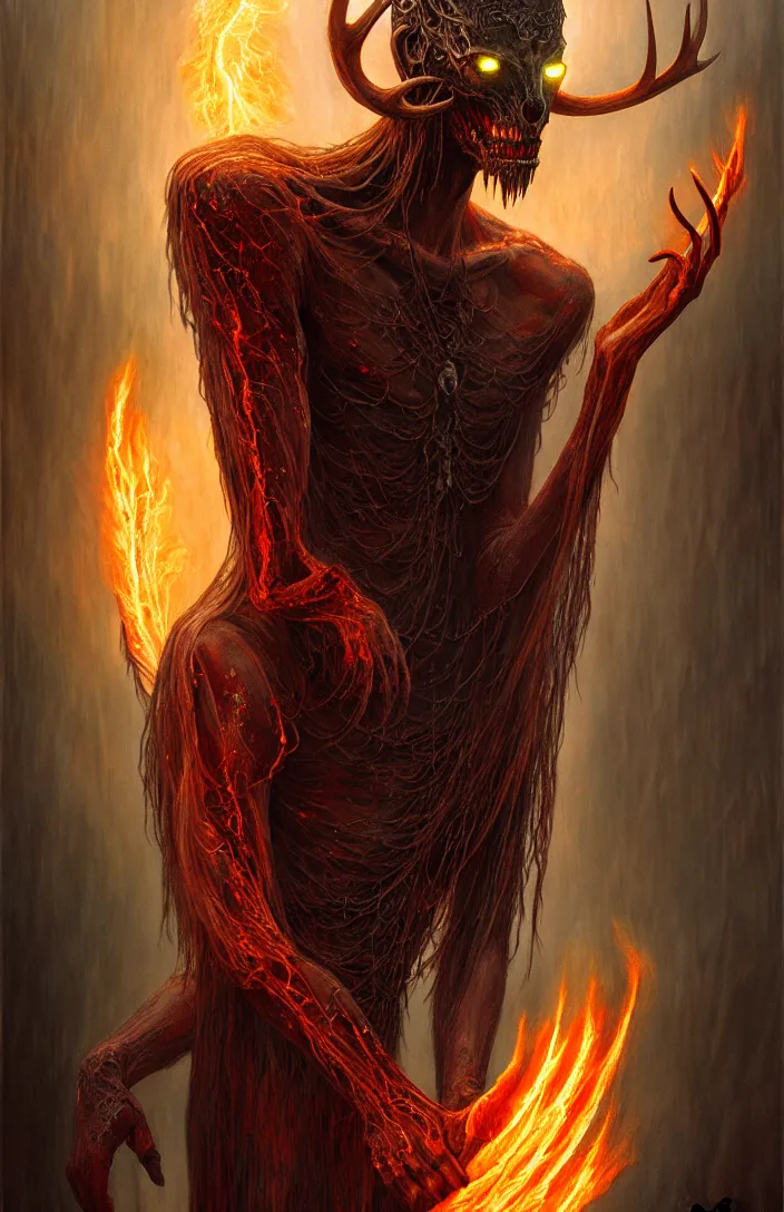 Image similar to translucent Wendigo with flaming eyes, veiled in mist, heroic lighting, dark fantasy, intricate, elegant, highly detailed, lifelike, photorealistic, digital painting, artstation, illustration, concept art, smooth, sharp focus, art by John Collier and Albert Aublet and Krenz Cushart and Artem Demura and Alphonse Mucha