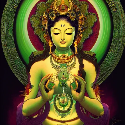 Prompt: intense portrait of the green tara bodhisattva meditating, intricate, elegant, highly detailed, my rendition, digital painting, artstation, concept art, smooth, sharp focus, illustration, art by artgerm and greg rutkowski and alphonse mucha