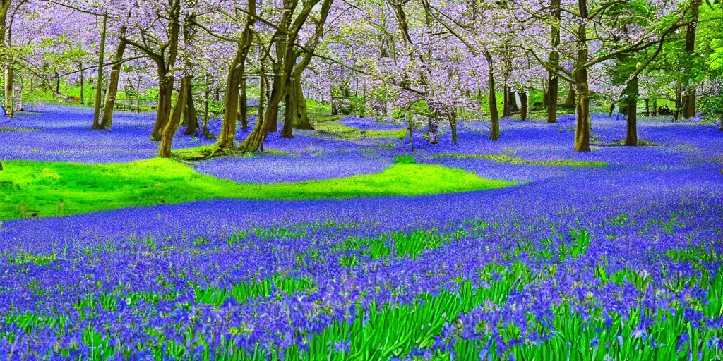 Prompt: a park filled with bluebell flowers, containing a lake crossed by a big beautiful bridge, scenery wallpaper