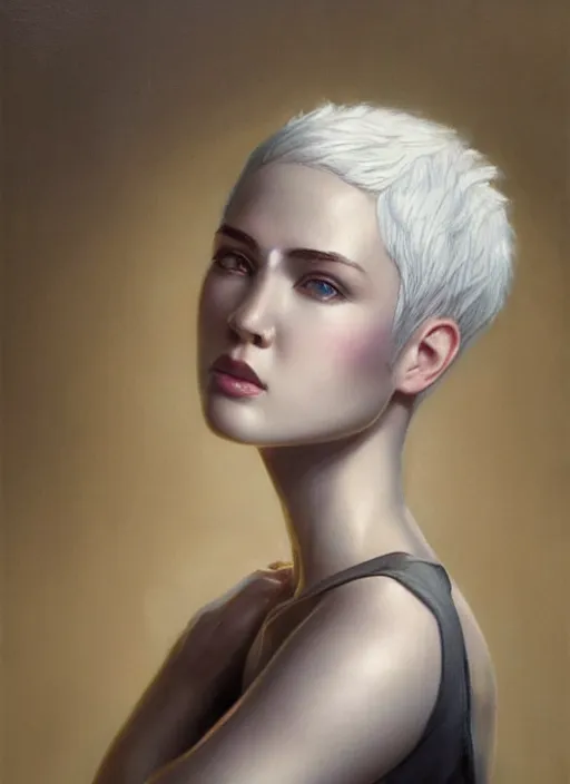 Image similar to girl with short white hair, beautiful highly detailed face, complementary lighting, backlit, divine, beautiful painting by artgerm and greg rutkowski and raymond swanland