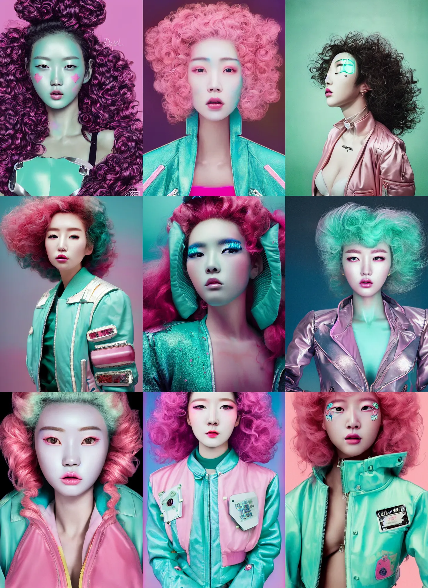 Prompt: gorgeous korean robot portrait with pastel makeup, metal skin, wearing a mint - color bomber jacket with patches and a pink bikini, curly hair, eighties look, retro, beautiful lights, vintage look, depth of field, hyper realistic, illustration, airbrush, 8 k, intricate, duo tone, art by david la chapelle and philip castle, artgerm