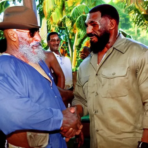 Image similar to cinematic shot of mike tyson and fidel castro shaking hands in a cuban resort, 8 k, very detailed, very intricate, detailed faces,