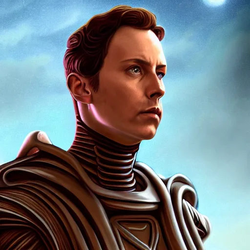 Image similar to realistic paul atreides emperor of the known universe, perfect dramatic and dark portrait by rabbitary b, trending on artstation, deviantart, dune, low angle oil painting and composition laws, dark foggy background, masculine man with thin lines on the face, medium - long curly brown hair, completely blue eyes, denis villeneuve cinematography