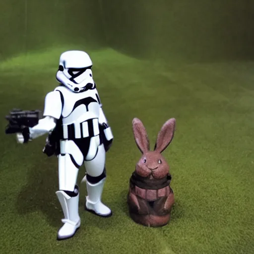Prompt: an imperial stormtrooper riding atop a giant brown lop-eared bunny, star wars, still
