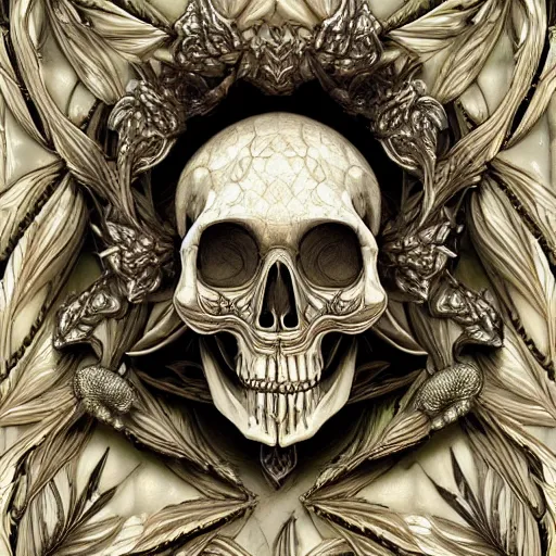 Prompt: beautiful classical holy decorative ornament, sacred biomechanical skull, snake scales, antlers, acanthus scrolls, lilies, ivy, energy, geometry, bones, petals, stems, ceremonial clouds, dripping paint, fibonacci rhythm, artstation, artgerm, wlop