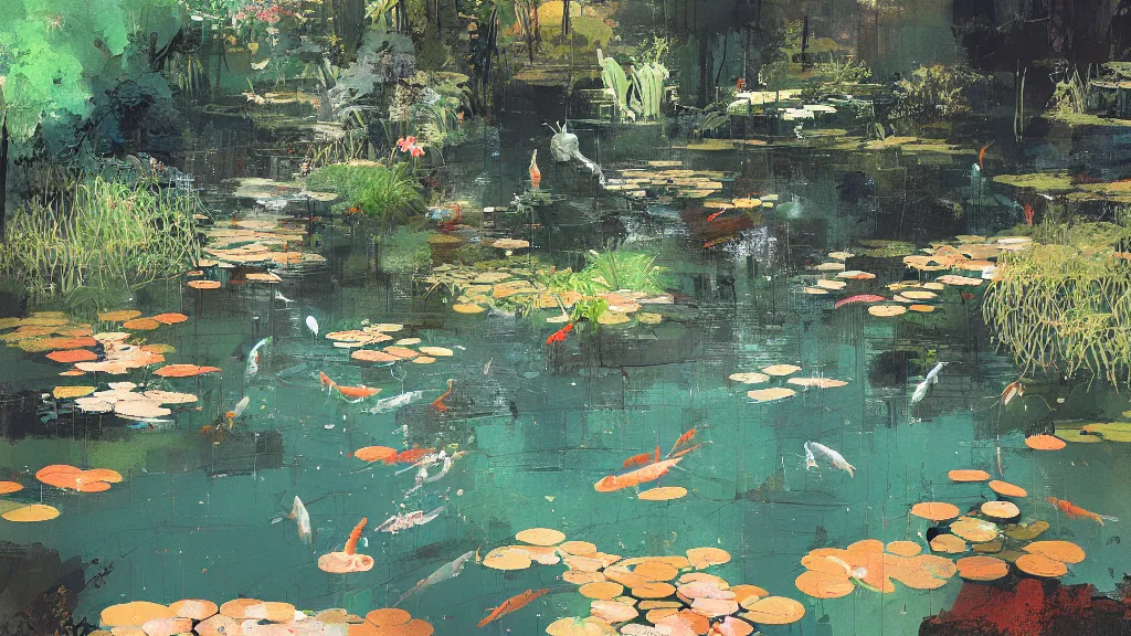Prompt: painting of a koi pond by ismail inceoglu
