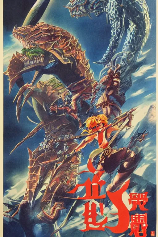Prompt: Movie poster for of link versus zelda kaiju , by Noriyoshi Ohrai