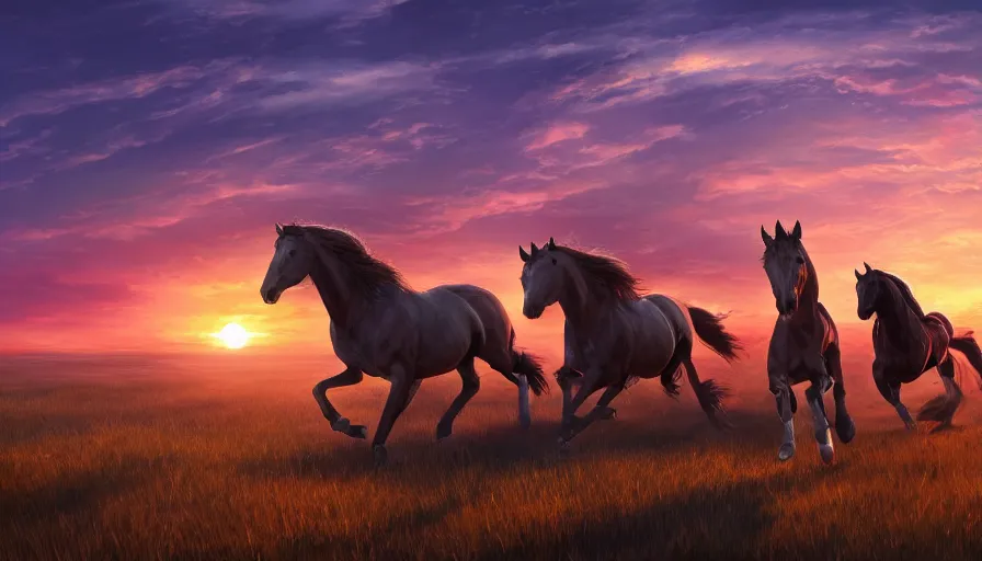 Image similar to horses running on the plain, great sunset behind, hyperdetailed, artstation, cgsociety, 8 k