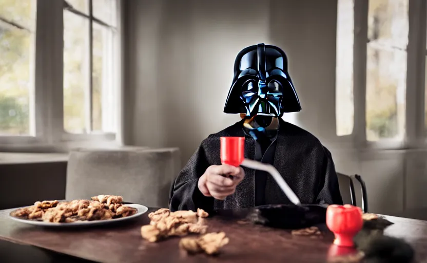 Prompt: Darth sitting at the table with a spoon in his hand looking at his cereal, 8k