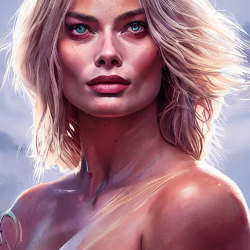 Image similar to Beautiful warrior huntress Margot Robbie has a battle scar, by WLOP by artgerm, trending, 4k digital art
