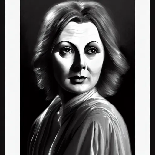 Prompt: Portrait of Greta Garbo by Ferdinand Keller and Arnold Böcklin and Jean-Auguste-Dominique Ingres and Michael Whelan and Albert Bierstadt, black and white, moody atmosphere, cinematic atmospheric, artstation, high definition