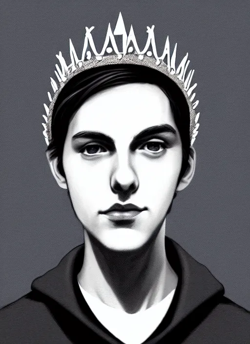 Image similar to portrait of teenage jughead jones wearing a light grey crown, crown, blue turtleneck, 1 9 5 0 s, closed eyes, photorealistic, black hair, glowing lighting, intricate, elegant, glowing lights, highly detailed, digital painting, artstation, concept art, smooth, sharp focus, illustration, art by wlop, mars ravelo and greg rutkowski