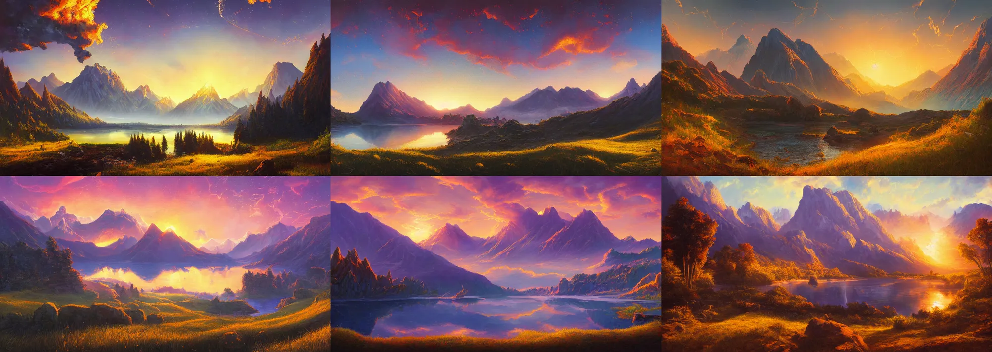 Prompt: painting of a beautiful landscape destroyed by asteroids, explosions, first light, sunrise, golden hour, mountains, lake, lush grass, by noah bradley