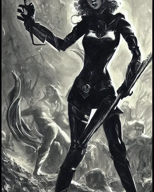 Prompt: taylor swift as a super hero similar to seraphine from league of legends with a microphone in her hand as her weapon drawn in frank frazetta style, high quality, very well proportioned silhouette, contemporary art, taylor swift face