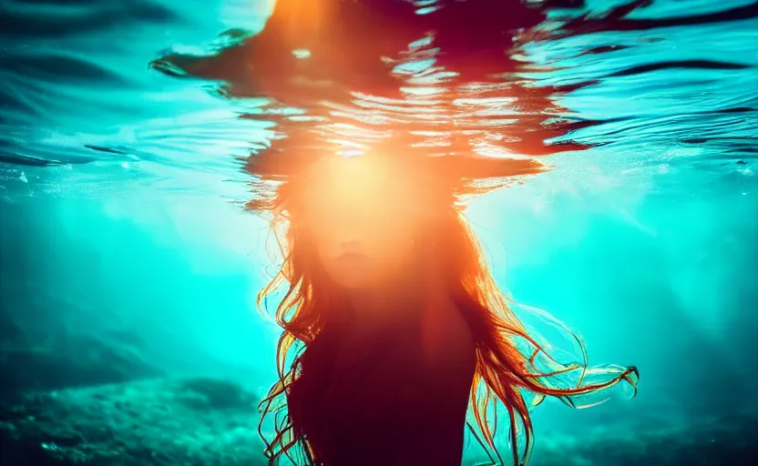 Image similar to photo of very beautiful woman underwater during sunrise, sunrays, caustics, rippling water, photoshoot, flowing hair and colorful fabric, haunting, iconic, masterpiece, sharp focus