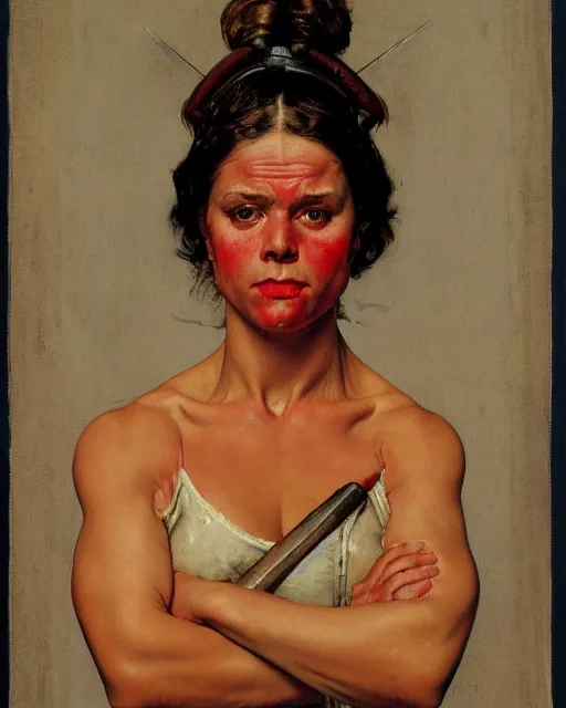 Prompt: frontal portrait of a savage muscular barbarian female, by norman rockwell