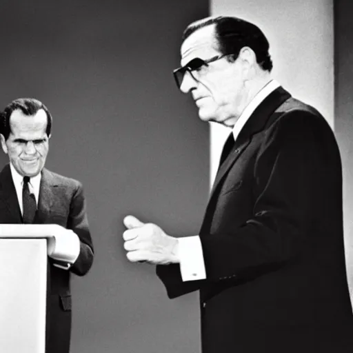 Prompt: presidential debate between waluigi and richard nixon, 1 9 6 0, still, photograph, photo, black and white