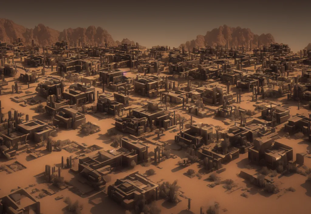 Image similar to futuristic village in a desert, painting, octane render, 4 k, anime