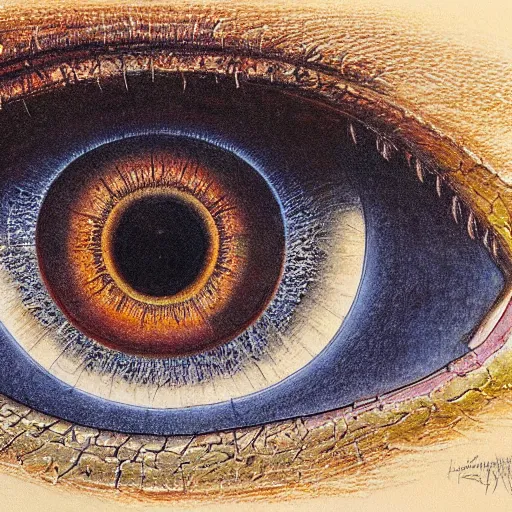 Image similar to robust, elaborate by bob eggleton, by louis majorelle. a drawing of a large eye that is looking directly at the viewer. the eye is composed of a myriad of colors & patterns, & it is surrounded by smaller eyes.