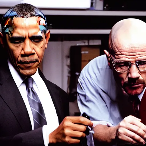 Prompt: film still of Obama making meth with Walter White in Breaking bad in season 1 episode 6, 4k, photorealistic faces