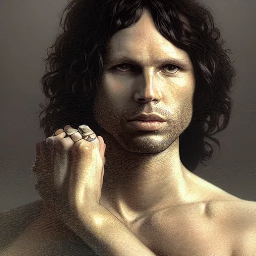 Image similar to portrait painting of jim morrison, ultra realistic, concept art, intricate details, eerie, highly detailed, photorealistic, octane render, 8 k, unreal engine. art by artgerm and greg rutkowski and alphonse mucha