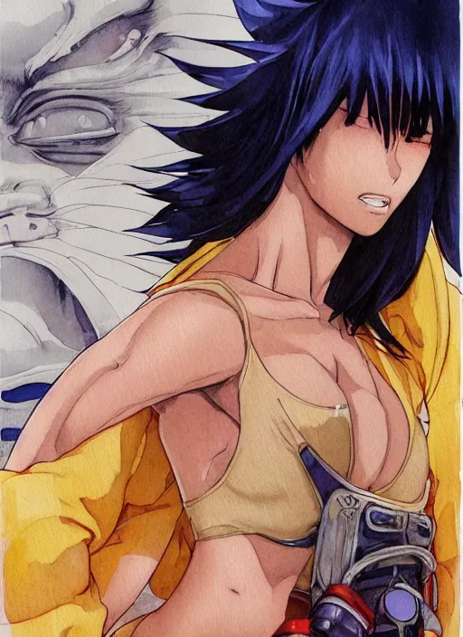 Prompt: Frontal portrait of a very beautiful muscular anime girl with tanned skin and cream colored hair wearing a yellow raincoat, watercolor, digital painting, art by Kenichi Sonoda ((Moebius)) Makoto Shinkai Shirow ((Masamune)) and Katsuhiro Otomo, very detailed, sharp focus, cyberpunk, high quality, color manga panel, hard shadows