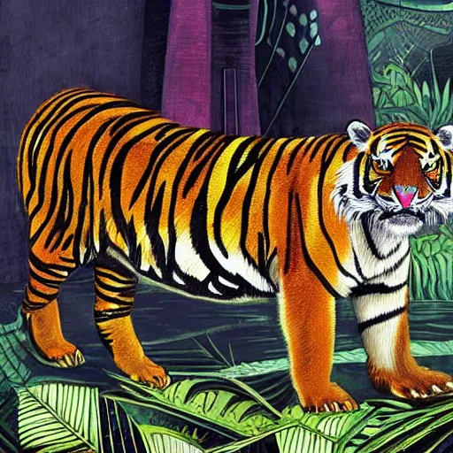 Image similar to a hybrid animal that is half tiger and half crocodile in a futuristic city scape on the edge of the jungle, rule of thirds, painting style of hugo pratt