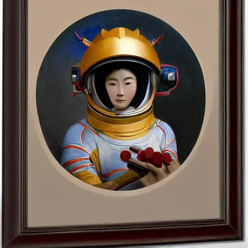 Image similar to portrait of a astronaut is a chinese dragon in armor and helmet, majestic, solemn, by bouguereau