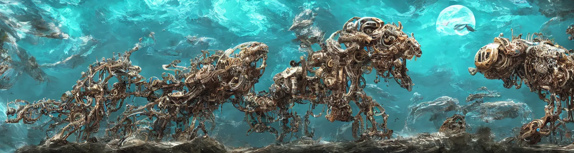 Prompt: Highly Detailed digital illustration about the beauty of nature in a oceanpunk world where all animals have been replaced by mechanical beasts. Trending on Artstation