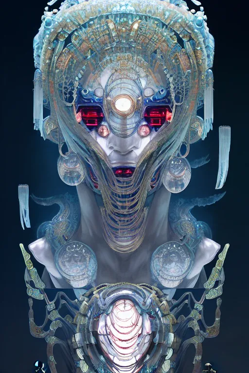 Image similar to asura from chinese myth, ghost, gorgeous and huge head ornaments, dystopian, cyberpunk, organic fractal mycelum and fungi, mecha, halfturn portrait of a big crystal face made of crystals half - turn, ominous, intricate, studio, art by anthony macbain + greg rutkowski + alphonse mucha, concept art, 4 k, sharp focus