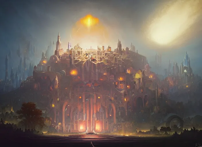 Prompt: city of might and magic, citadel of light, glowing orbs, by peter mohrbacher,